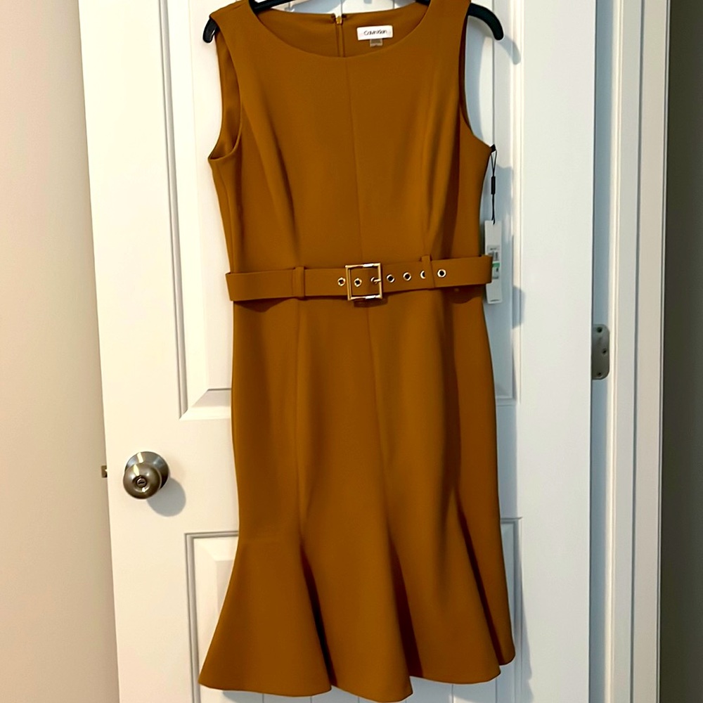 Calvin Klein Mustard Belted Fit-and-Flare Dress